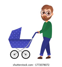 Father Man Pushing Baby Carriage Pram Vector