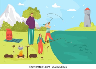 Father man with son character fishing, family hobby leisure vector illustration. Dad with male child, happy boy girl with fishing rod near water lake.