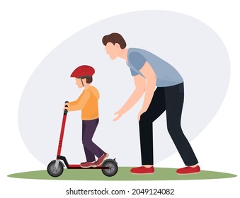 Father (man) teaches boy (son) in the helmet to ride a scooter, sport life concept, family concept, flat vector illustration