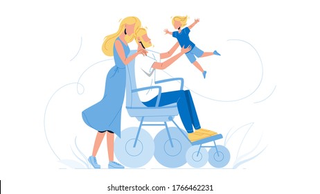 Father Man In Wheelchair Playing With Son Vector. Happy Young Family Woman Mother, Guy Invalid In Wheelchair And Boy Walking Together. Characters Parents With Child Flat Cartoon Illustration