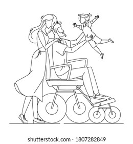 Father Man In Wheelchair Playing With Son Black Line Pencil Drawing Vector. Happy Young Family Woman Mother, Guy Invalid In Wheelchair And Boy Walking Together. Parents With Child Illustration