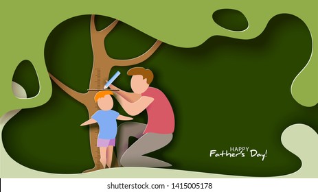 Father measures the growth of his son. Happy father s day card. Paper cut style. Vector illustration