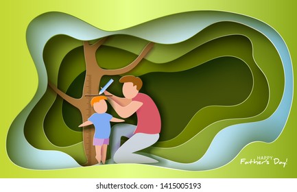 Father measures the growth of his son. Happy father s day card. Paper cut style. Vector illustration