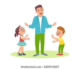 Father mediates between two angry quarreling children. Parent stops conflict. Kids arguing and shouting. Yelling son and daughter. Brother and sister dispute. Bad