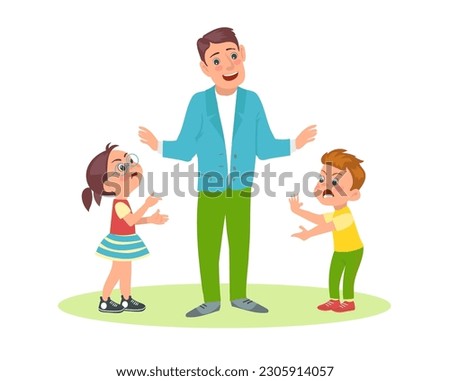 Father mediates between two angry quarreling children. Parent stops conflict. Kids arguing and shouting. Yelling son and daughter. Brother and sister dispute. Bad