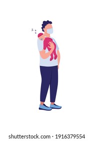 Father in medical mask holding sleeping baby flat color vector faceless characters. Man with infant. Dad with child. Health care isolated cartoon illustration for web graphic design and animation