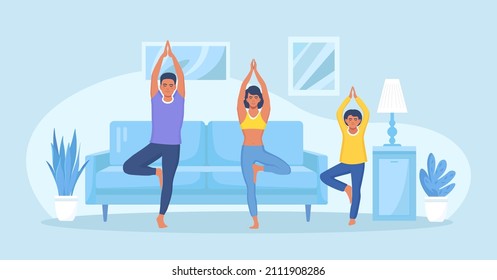 Father, Mom And Daughter Do Yoga And Stretching. Sport Activity With Children. Morning Exercises At Home. Happy Family Doing Fitness In Cozy Interior. Vector Illustration