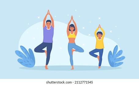 Father, mom and daughter doing yoga and stretching. Sport activity with children. Morning exercises at home. Happy family doing fitness, meditation. Vector illustration