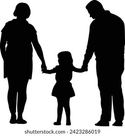 father and mom holding hands with baby together. silhouette design.