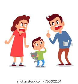 Father and Mother Arguing Fighting. Little Son Stands With Teddy Bear Toy Between Them and Sad. Cartoon Style Vector Illustration