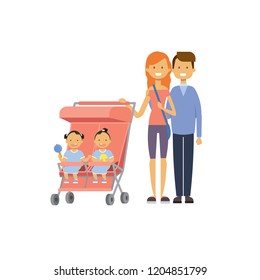 father mother baby twins double pink stroller full length avatar on white background, successful family concept, flat cartoon vector illustration