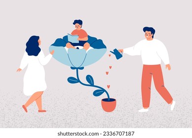 Padre y madre cuidan al hijo. Los padres se dedican a la crianza y el desarrollo de su bebé. El niño se sienta en la gran flor y papá está regando esta planta. Relación familiar y lazos. Vector