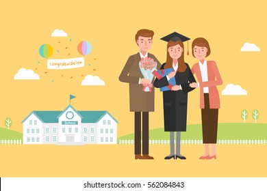A father and a mother celebrating the graduation ceremony of the girl.