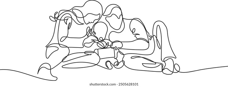 Father and Mother celebrating their child's birthday and opening a present. One line vector drawing. Line art. Vector.