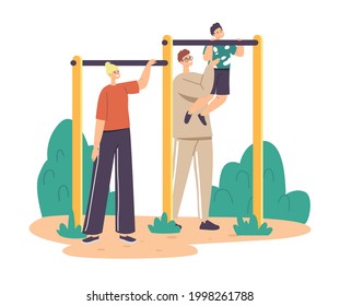 Personajes padre y madre entrenando niño pequeño en barra horizontal. El ejercicio familiar al aire libre, el hijo con papá ayuda a aprender a ponerse al día, la paternidad o el concepto de infancia. Ilustración de vectores de personas de caricatura