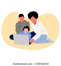 Father, mother and child are active in front of the laptop. Learning activities, watching videos, listening to music, and others.