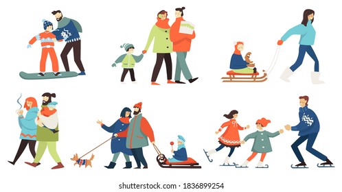 Father and mother with child having fun in winter. Snowboarding and figure skating, characters walking and drinking hot tea, kid sitting on sleigh. Wintertime weekends or holidays, vector in flat