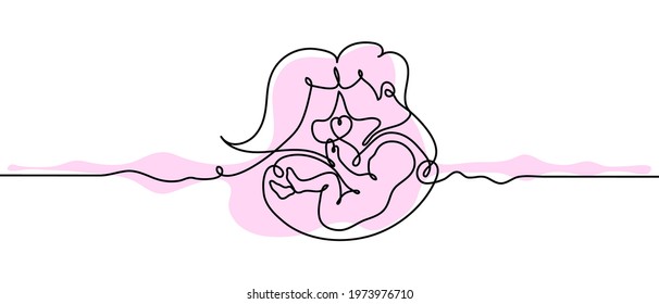 Father, Mother And Child With Heart. Image Of A Happy Family. Solid Line Outline On A White Background.