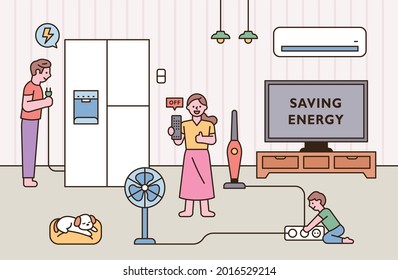 Father and mother child holding electrical appliance wire and saving electricity. outline simple vector illustration.