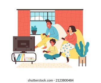 Father, mother and child play computer video games, flat vector illustration isolated on white background. Family with child playing on video console together.