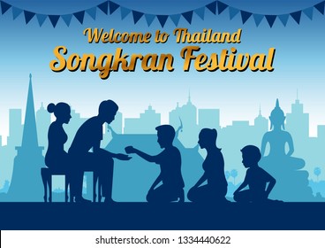 father mother and child pour water to grandparents to pay respect and bless in Song kran day famous festival of Thailand Loas Myanmar and Cambodia,new year,silhouette design,vector illustration