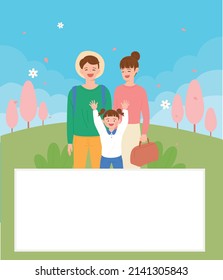 Father, mother and child are smiling happily. park background. flat design style vector illustration.