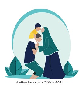father, mother and children in one happy Muslim family who are enjoying the holidays together