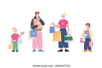 Father, mother and children standing with shopping bags in hands, flat cartoon vector illustration isolated on white background. Family leisure time and shopping.