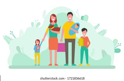 Father and mother with children vector, newborn baby and parents with kids. Daughter and son walking with bag, family day spent together flat style