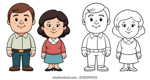 Papá Y Madre Para Colorear Páginas Para Niños. Mamá Y Papá Libro Para Colorear Imprimible. Diseño lindo del Vector de la ilustración de la historieta del padre y de la madre en fondo blanco