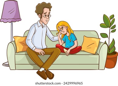 Father and Mother Comfort Children.Sad Son and Daughter Crying and Feeling Sad.Vector Illustration