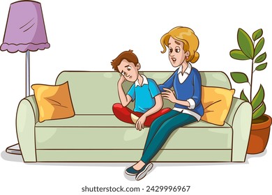 Father and Mother Comfort Children.Sad Son and Daughter Crying and Feeling Sad.Vector Illustration