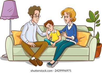 Father and Mother Comfort Children.Sad Son and Daughter Crying and Feeling Sad.Vector Illustration