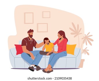 Father and Mother Comforting Upset Kid, Loving Parents Support Child, Daughter with Sad Emotions and Dull Face Sit on Sofa with Mom and Dad Family Characters. Cartoon People Vector Illustration