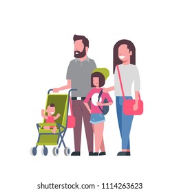 father mother daughter baby son in stroller full length avatar on white background, successful family concept, flat cartoon