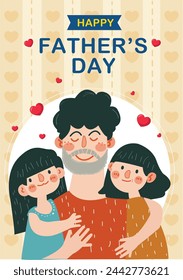 a father with mother and daughter card banner with hearts and a quote Happy father's day