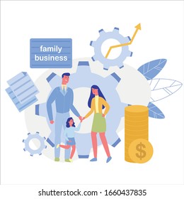 Father, Mother and Daughter, Combining Their Efforts in Order to Succeed. Concept Family Business as Efficient Mechanism Against Background with Gold Coins, Gearing and Increasing Performance Graphs.