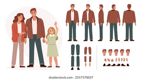 Father with mother and daughter. Family character constructor for animation. Front, side and back view set. Body parts, postures, poses collection. Vector illustration.