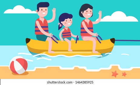 Father, mother, daughter kid enjoying sea or ocean shore water banana boat ride attraction. Happy family cartoon characters having fun together. Summer holidays activity. Flat vector illustration