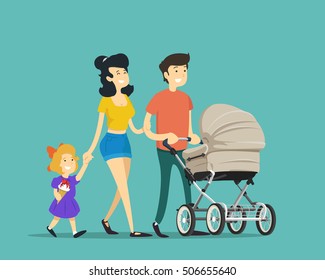 Father, mother and daughter on a walk with a pram. Vector illustration.