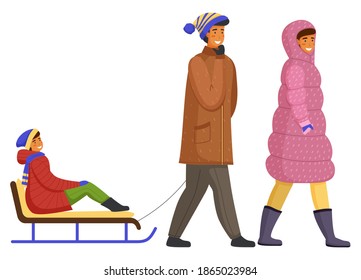 Father, mother and daughter on a winter walk. Man sledding child. Family members walking together in cold weather outdoor, happy joint weekend, dad with girl ride on sleigh have fun isolated on white