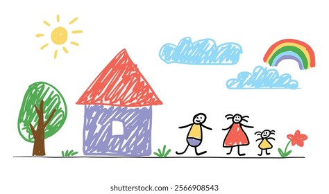 Father Mother Daughter Playing Together. Happy Family Outdoors. Rainbow Sun House Clouds Tree Flower. Vector Flat Color Pencil Drawing Style Isolated on White Background