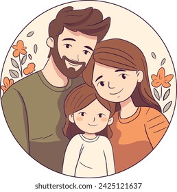 father mother and daughter portrait smiling with flowers, brown hair family, happy family