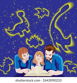 Pai, mãe e filha leem livro. Céu mágico estrelado com dinossauros. Dia Internacional dos Amantes do Livro. Faixa. Ilustração isolada de vetor.