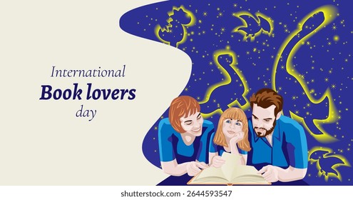 Pai, mãe e filha leem livro. Céu mágico estrelado com dinossauros. Dia Internacional dos Amantes do Livro. Modelo horizontal. Ilustração vetorial.
