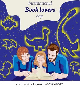 Pai, mãe e filha leem livro. Céu mágico estrelado com dinossauros. Dia Internacional dos Amantes do Livro. Modelo quadrado. Ilustração vetorial.