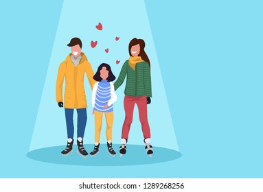 father mother and daughter skating ice rink family wearing winter clothes holding hands holiday activities concept female male cartoon characters full length flat horizontal