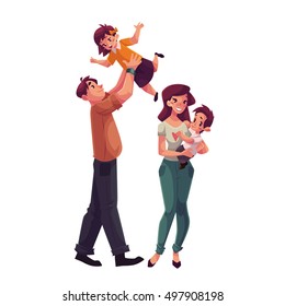 Father, mother, daughter and son, cartoon vector illustrations isolated on white background. Dad throwing his little daughter up and mom holding daughter in her hands, happy family concept