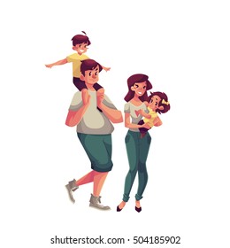 Father, mother, daughter and son, cartoon vector illustrations isolated on white background. Dad carrying his little son on his shoulders and mom holding daughter in her hands, happy family concept