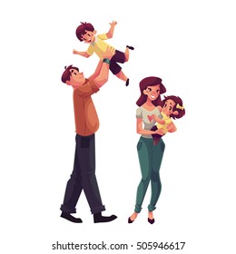 Father, mother, daughter and son, cartoon vector illustrations isolated on white background. Dad throwing his little son up and mom holding daughter in her hands, happy family concept